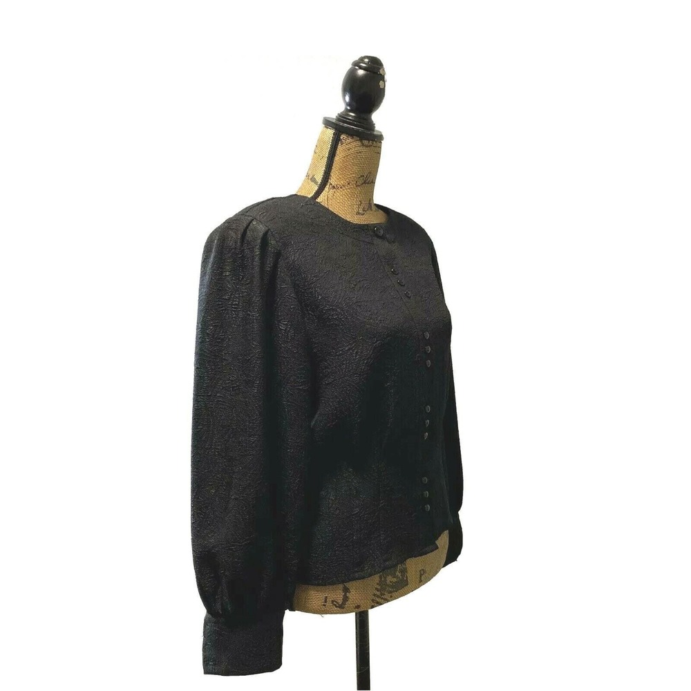 VTG Ship N Shore Blouse 8 Black Embossed Fitted Waist Puff Sl Button Top - Picture 3 of 10